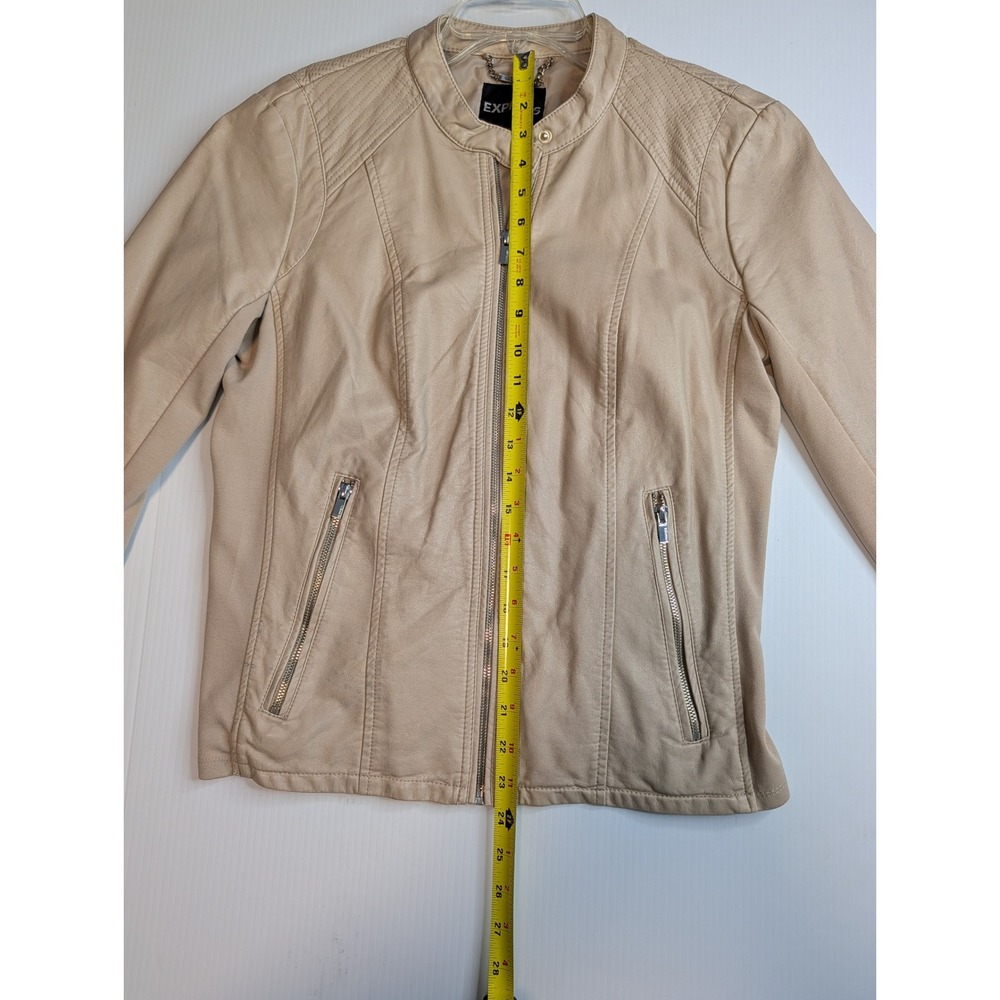 Express Womens Tan Faux Leather Moto Jacket Quilted Shoulder‎ Beige Large 90170 - Picture 6 of 12
